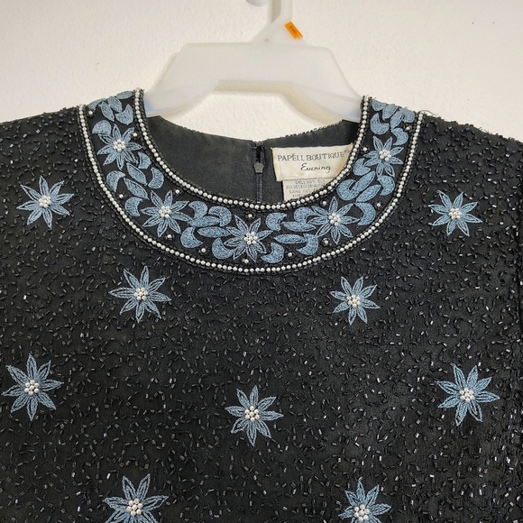 Vintage Papell Boutique Evening Top Womens Small Black Blue Floral Silk Beaded - Picture 2 of 14